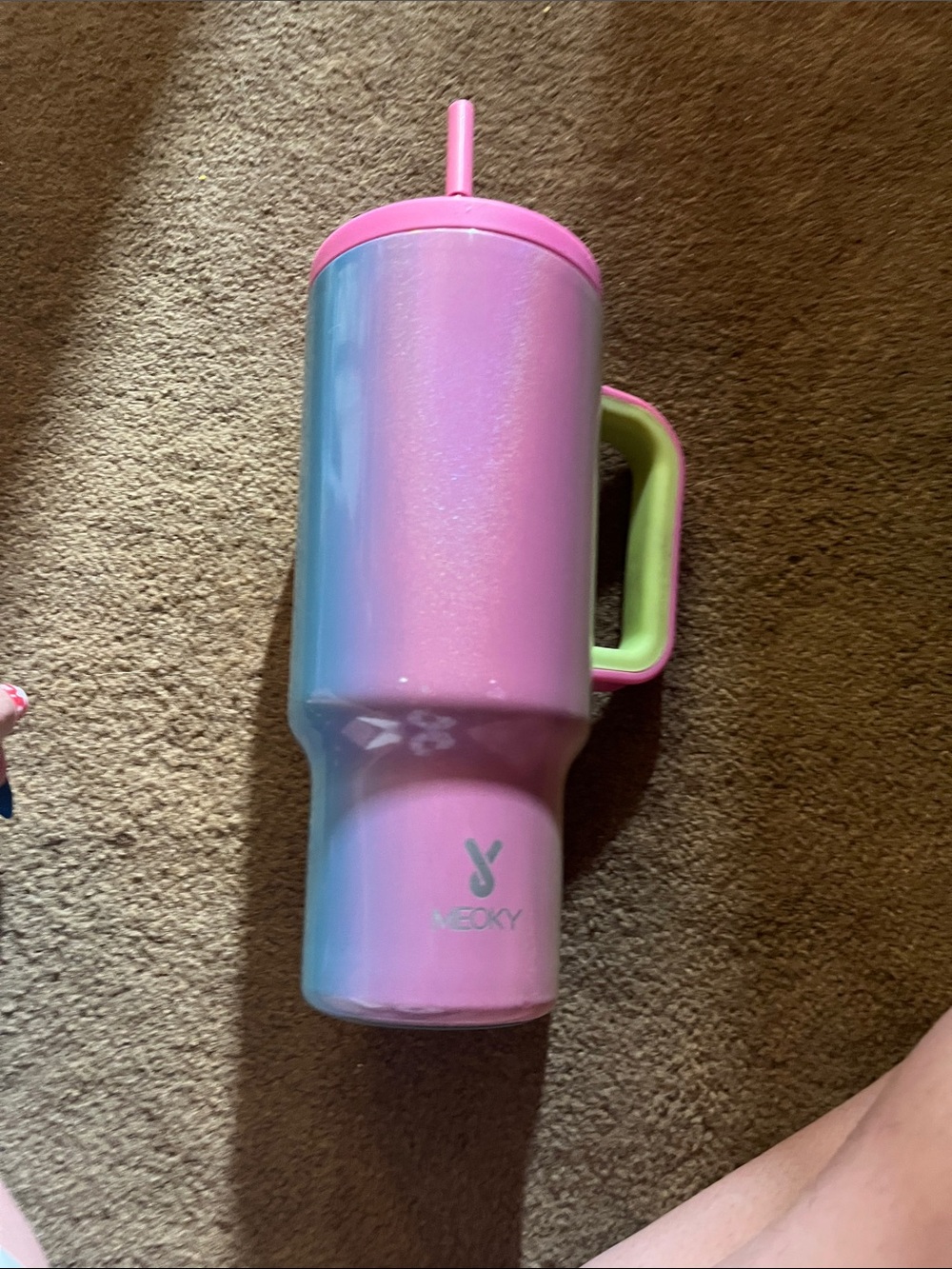 Iridescent Pink & Blue Ombre Travel Tumbler with Green Handle